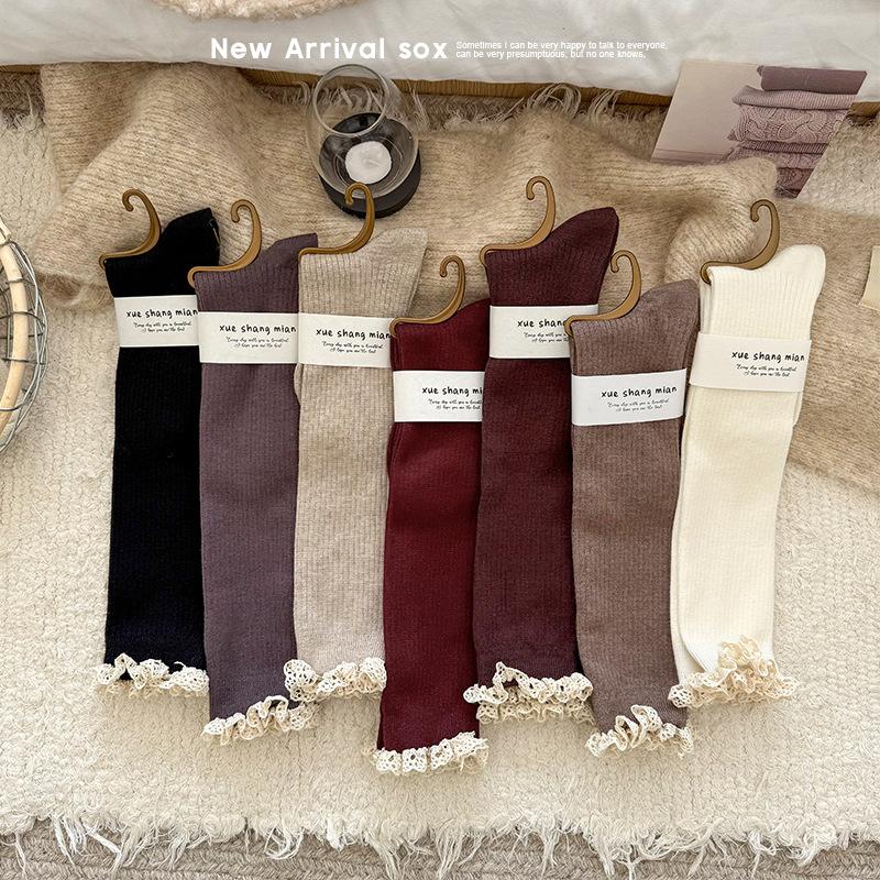 Damskie Jesienno-Zimowe Pogrubione Ciepłe Koronkowe Skarpety Świąteczne Noworoczne