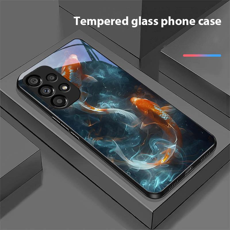 Chinese Wind Fish For Samsung Galaxy S 8 9 10 20 Plus 21 FE 22 23 24 Ultra S7 Edge Black Tempered Glass Phone Case Hard Shell