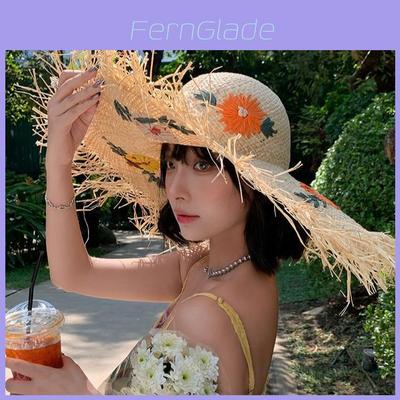 Raffia Straw Sun Hat For Women With Flower Embroidery Breathable Wide Brim Sun Protection Summer Accessory
