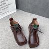 Johnature Square Toe Short Boots Genuine Leather Lace-up Retro Versatile Women Soft Sole Flat Shoes