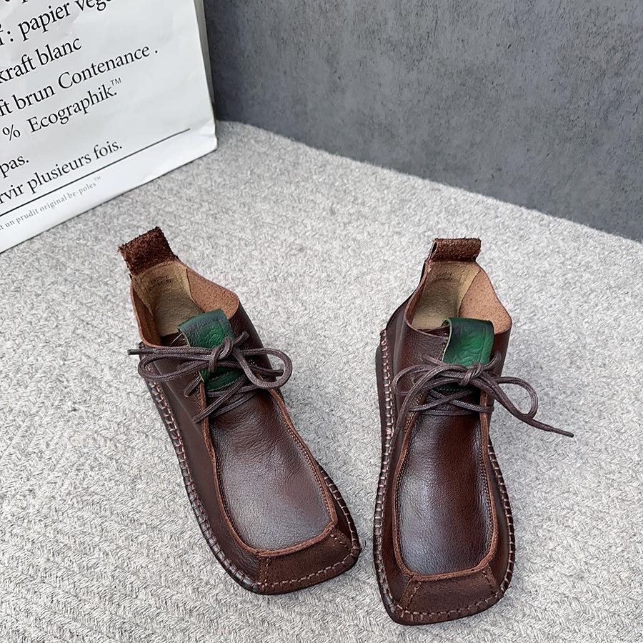 Johnature Square Toe Short Boots Genuine Leather Lace-up Retro Versatile Women Soft Sole Flat Shoes