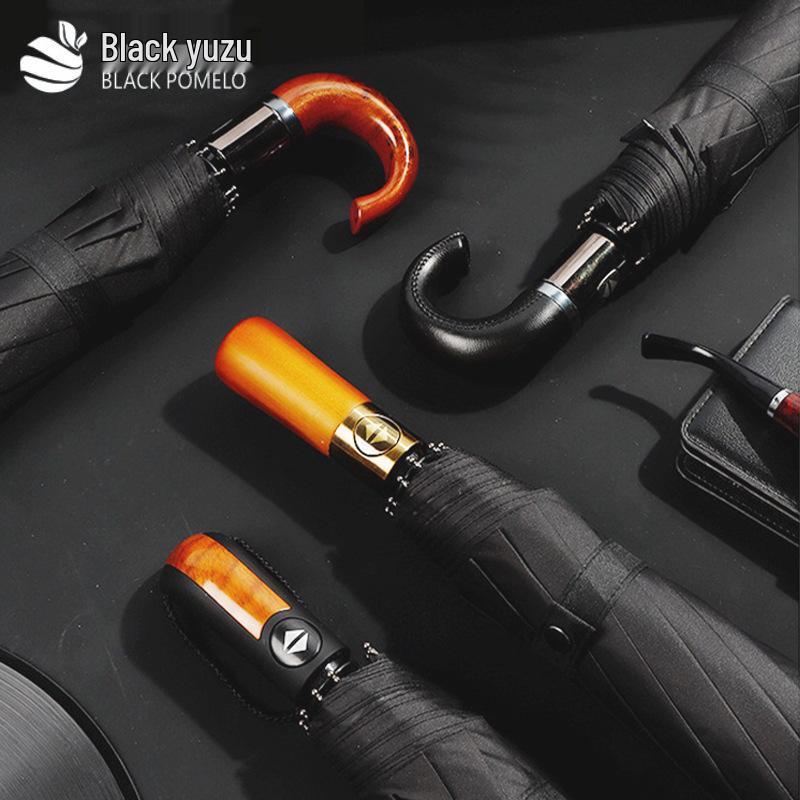 Automatic 10-Rib Black Glue Sunscreen Umbrella with Curved Handle, Compact Three-Fold Design, Custom Logo Available