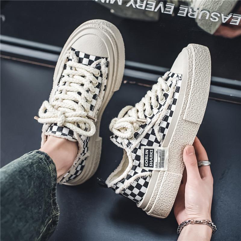 Men Grid Canvas Shoes Platform Casual Flat Shoes Fashion Comfort Wear-resistant Sneakers Zapatillas Tenis Trendy Man Board Shoes