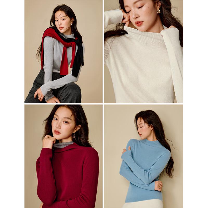 INMAN Women's Semi-High Collar Lamb Wool Blend Knit Sweater