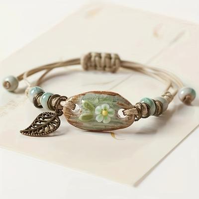 Vintage styl Leaf přívěsek pletený náramek Elegantní ručně vyrobený náramek na ruku nastavitelný