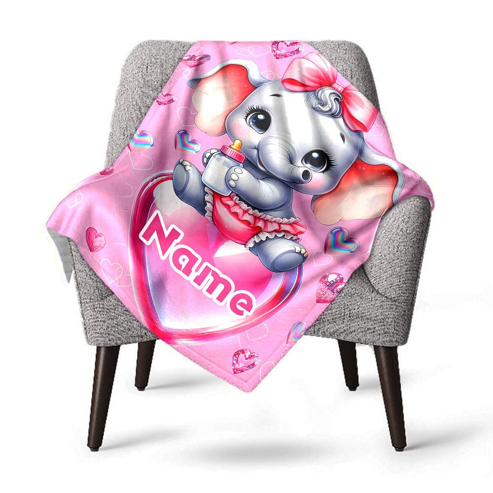 Elephant With Bow Home Customize Your Name Blankets Soft Lightweight Multipurpose Blanket For Picnics Sofas Offices Beds Living Rooms Perfect Gift For