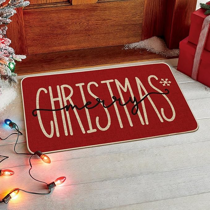 Christmas Carpet Mat Rug Red Background with Green Gold Tree Pattern MERRY CHRISTMAS Text Non-slip Floor Mat for Home Decoration