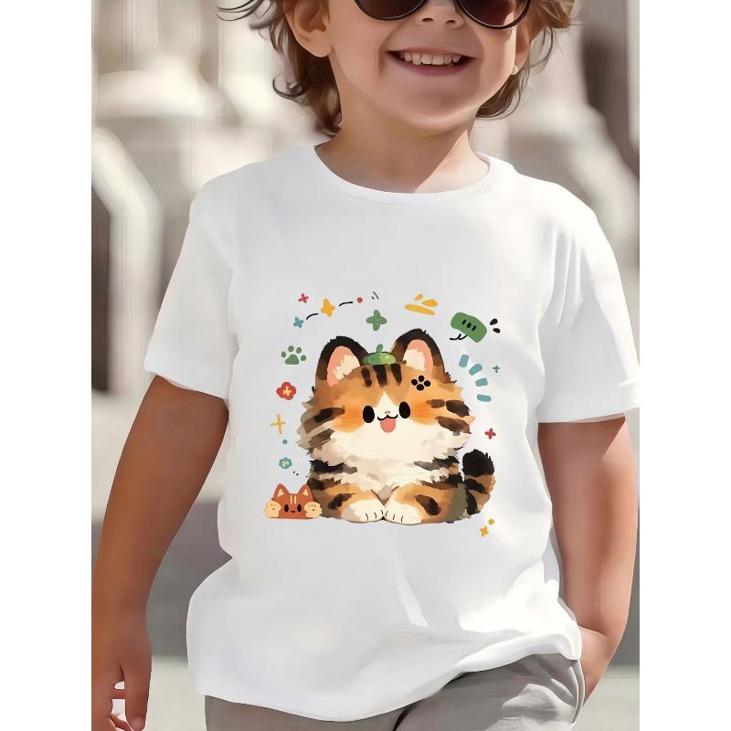 European sizes Boys  T-shirt, New Summer Style, Cartoon Orange-White-Black Striped Cute Cat Sticking Out Tongue with Green Hat 110 белый