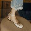 Retro metal buckle bag head hollow sandals women's low heel 2024 summer square head matte one-word buckle versatile flats