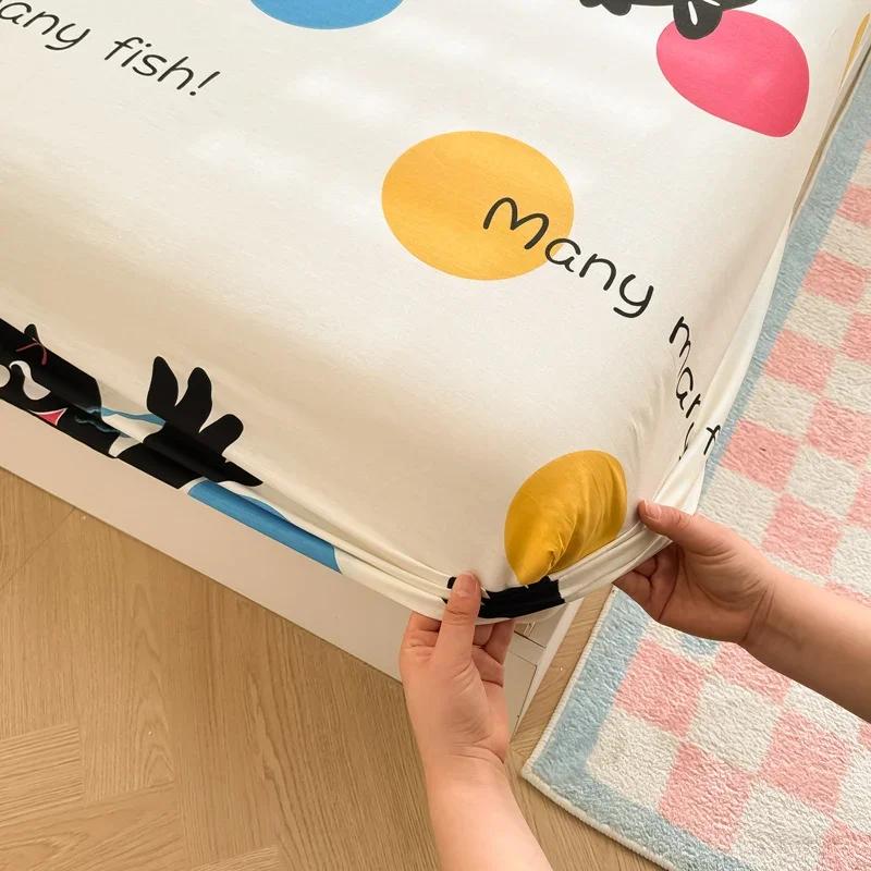 1 Pc 100%Cotton Bed Sheet Cartoon Fish Printed Fitted Sheet with Elastic Band Single/Queen/King Pure Cotton Bed Botton Sheets