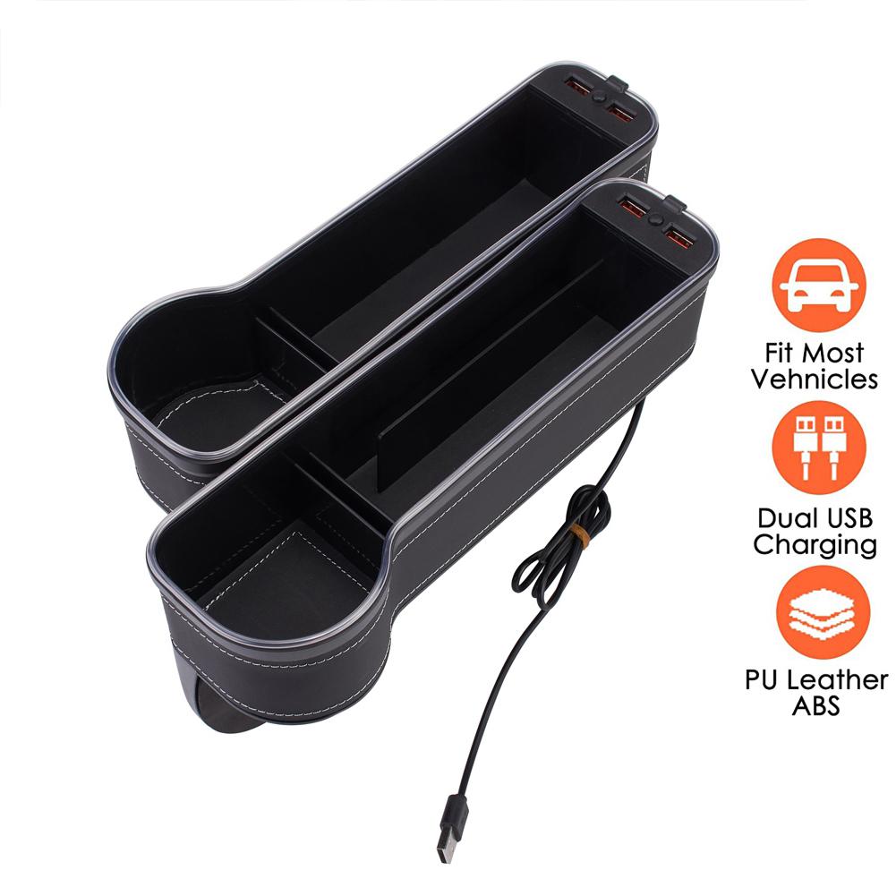 2PCS 3 In 1 Storage Box Set Front Seat Gap Filler Slip Organizer with Twin USB Car Charger Drink Cup Holder Ambient Lights