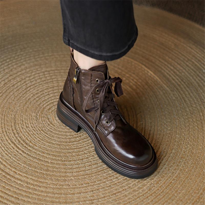 Fashion New Autumn/winter Genuine Leather Women Boots Round Toe Platform Shoes for Women Fashion Boots High Heels Lace Work Boots