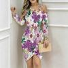 Women Plus Size Asymmetric Cold Shoulder White Purple Large Floral Print Wrap Bodycon Midi Dress