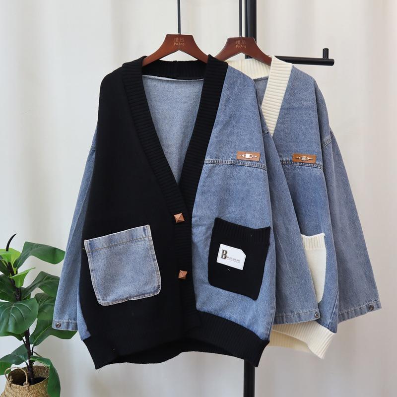 Autumn and Winter New Loose Lazy Wind Denim Splicing Design Sense Knitted Cardigan Women's Sweater Jacket