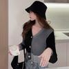 Women's V Neck Color Contrast Slim Exposed Navel Knitted Long-Sleeves Cardigan Tops