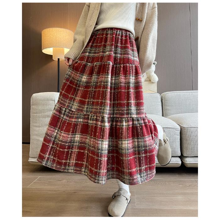 Women s Retro Wool Plaid Midi Skirt: High-Waist, Slimming, Perfect for Autumn/Winter S