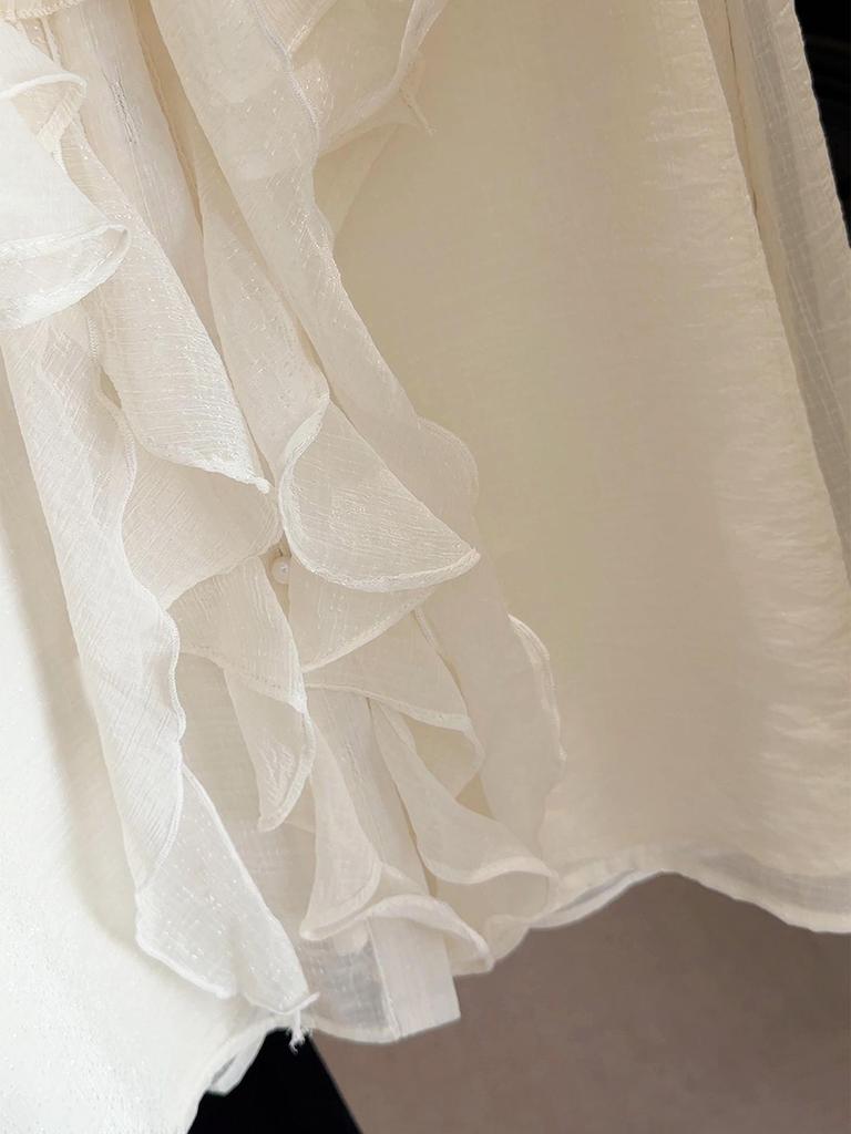 Women's French Ruffle Polka Dot Chiffon Shirt - Spring 2026 Design, Long Sleeve