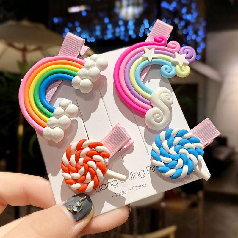 Cute Colorful Polymer Clay Children Headwear Rainbow Cloud Lollipop Hairpins