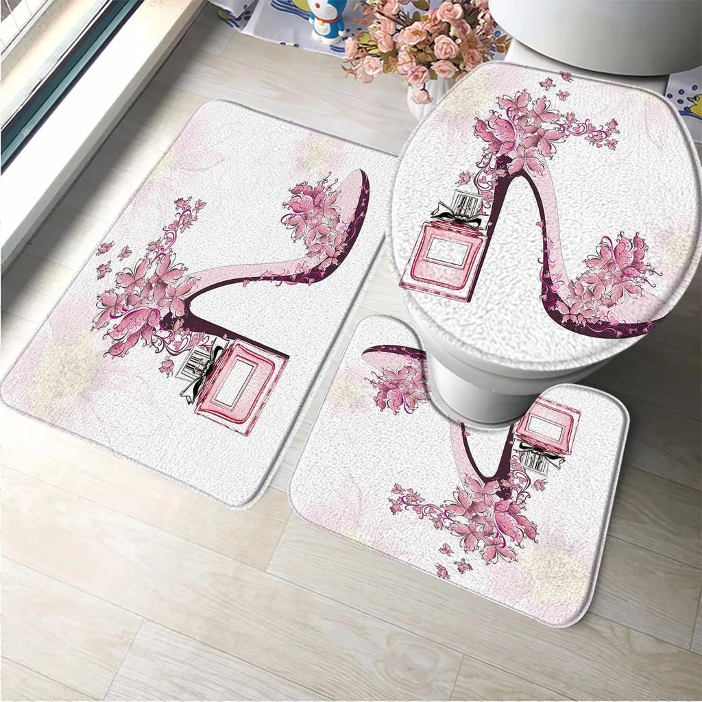 3pcs Set Perfume Flower Butterfly Bath Mat Bathroom Rugs Anti Slip Black White Stripes Bathtub Side Mats Doormat Carpet Decor