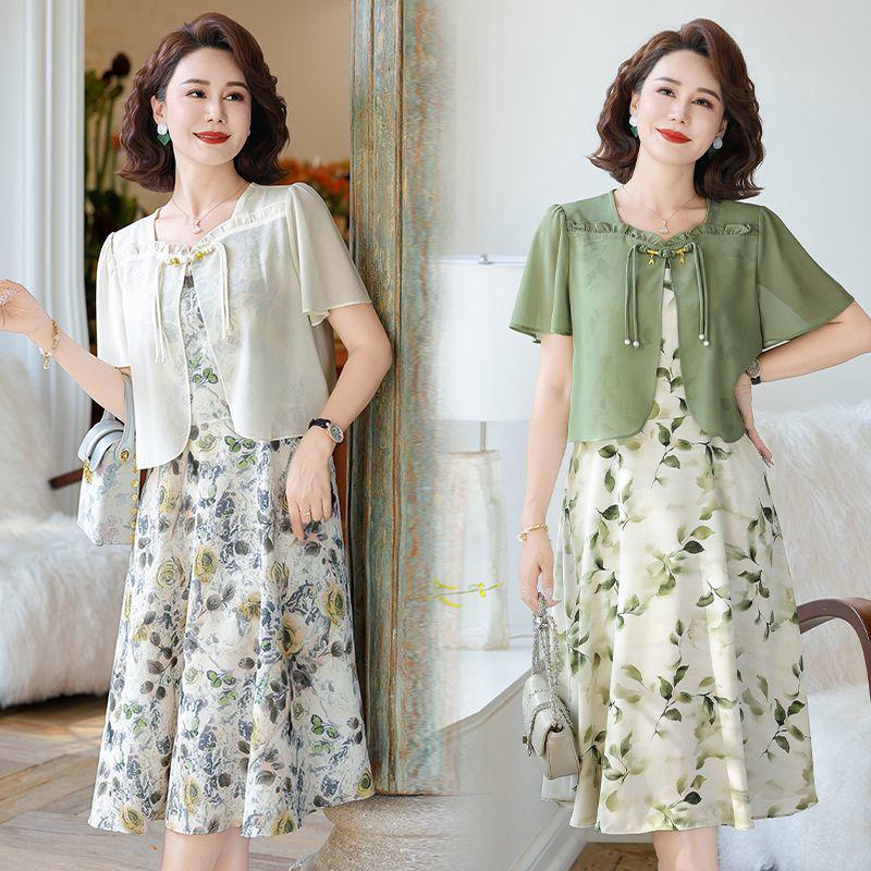 Elegant Summer Maternity Chiffon Two-Piece Dress - Slimming, Over-the-Knee, Short-Sleeved Skirt