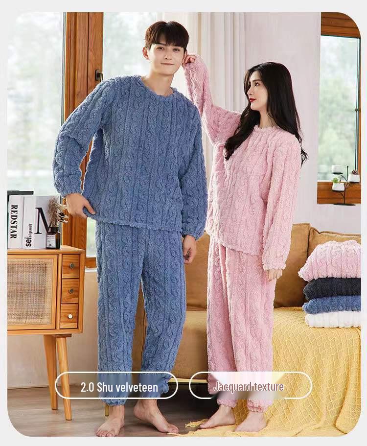 Winter 2023 Solid Color Jacquard Pajamas Set - Women's Thick Warm Loungewear for Couples