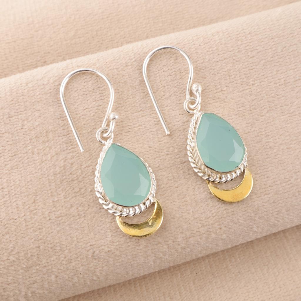 Aqua Chalcedony Gemstone 925 Sterling Silver Jewelry Handcrafted Earrings 1.5" EE-162-16