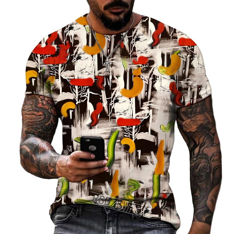 New Design Men's T-shirt Iron Chain Black and White Colorful Painting Style Short Sleeve T-shirt High Quality Fat