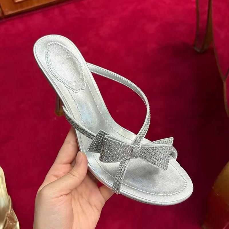 Fashion Luxury Rhinestones Bowknot Narrow Band Women Slippers Sandals Fashion Crysatl Stiletto High Heels Mules Slides Summer Shoes