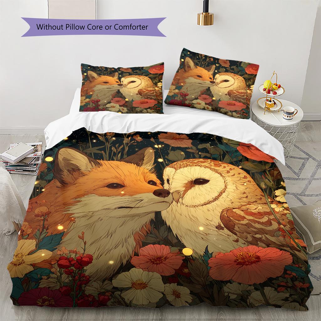 Owl and Fox Pattern Bedding Quilt Set Quilt Cover Pillowcase Home Decoration Gift (1 * Duvet Cover + 2 * Pillowcase, Without Core)