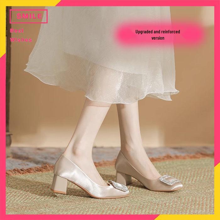 Women's 2025 Spring/Autumn Square Toe Rhinestone High Heels with French Satin Buckle