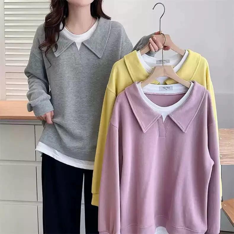 Sweatshirt for Women Pullover Long Sleeve Faux Two-Piece Oversize Solid Color Loose Casual Sweatshirt Top