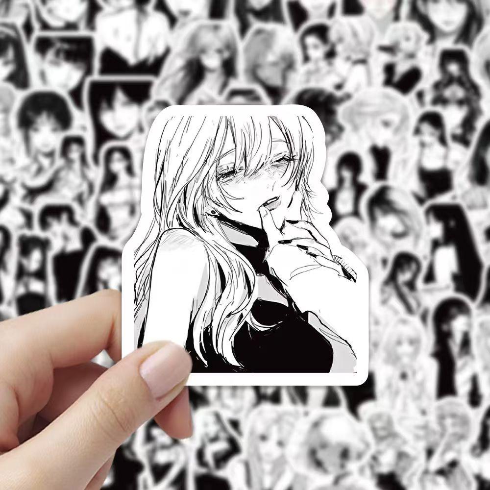 Anime Dívky Černobílé Samolepky, 100 kusů (neopakováno), voděodolný a opalovací krém.