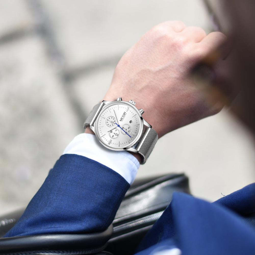 Megir Men Watches Mesh Stainless Steel Quartz Chronograph Watch Clock Relogio Masculino for Male Students Relogios