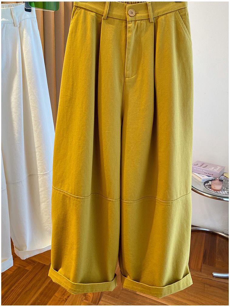 Women's Yellow Wide-Leg Cargo Pants - Summer 2026 Loose Slimming Straight-Leg Balloon Style