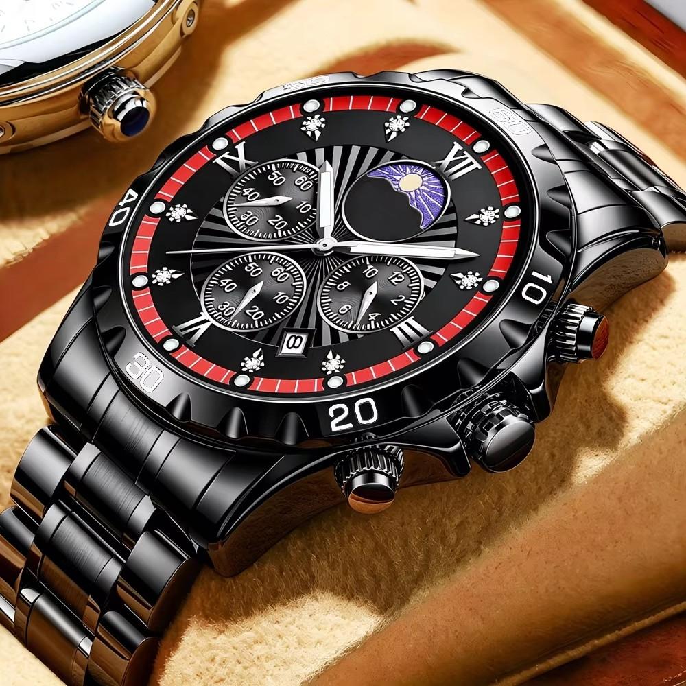 Men's Quartz Watch with Subdials Analog Wristwatch with Date-Display Waterproof Luminous Chronograph Dress Watches Stainless Steel Band