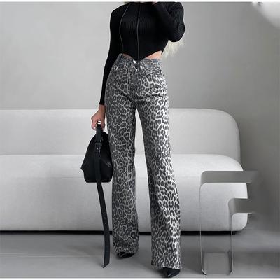 Eleganckie szare dżinsy z nadrukiem w panterkę, wysoki stan, proste nogawki, vintage, high street, czarne dżinsy, damskie, formalne, koreańskie, retro