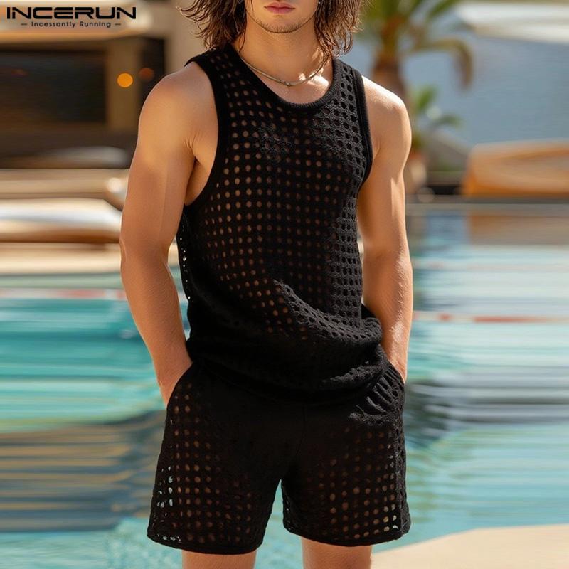 INCERUN Zweiteilige Herren Hollow Ärmellose Tanktops und Shorts Strandoutfits Sets 2PCS
