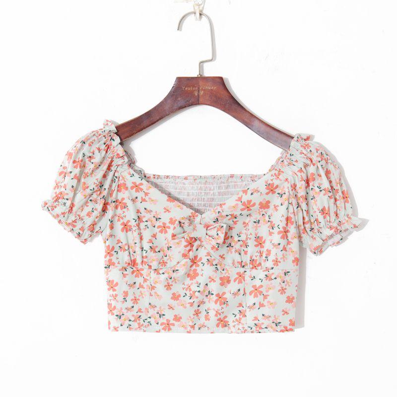 

2023 Fall Women s Clothing French Vintage Floral Print Elegance Square Collar Puff Sleeve Silm Short Younger Shirt Print M