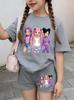 Summer Suit for Girl Fashion K-Pop Cartoon Girl Print Kids Set Outdoor Casual Streetwear Short Sleeves Teen Girl Clothes Suit
