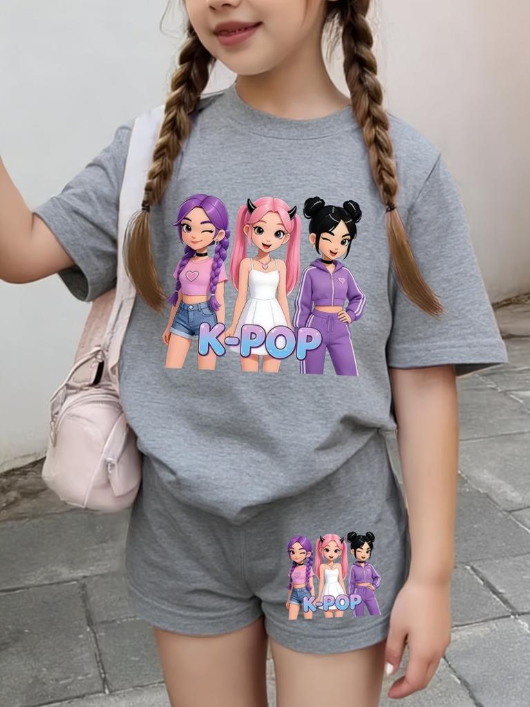 Summer Suit for Girl Fashion K-Pop Cartoon Girl Print Kids Set Outdoor Casual Streetwear Short Sleeves Teen Girl Clothes Suit