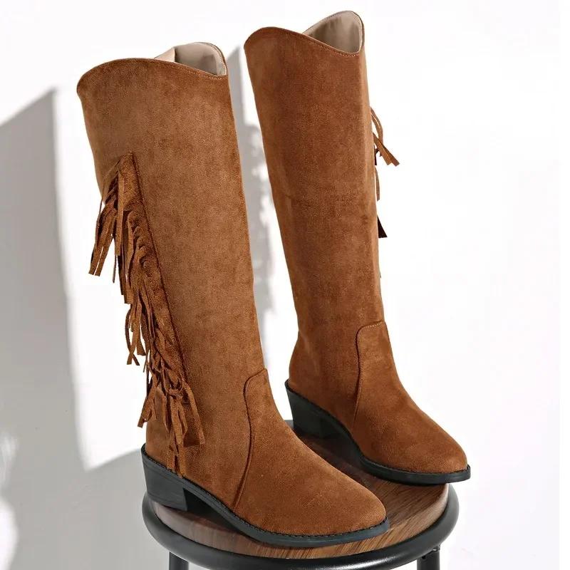 2025 New Ladies Shoes Slip-on Women's Boots Tassel Modern Boots Women Sexy Pointed Toe Plus Size Solid Knee-High Boots