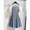Damen One-Shoulder Puffärmel Denim Patchwork A-Linien Kleid - Sommer 2026 Taillenbetonend Schlanker Stil