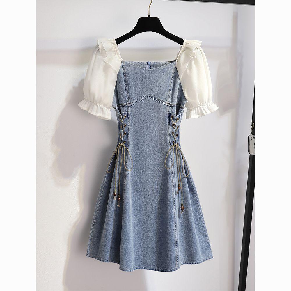 Damen One-Shoulder Puffärmel Denim Patchwork A-Linien Kleid - Sommer 2026 Taillenbetonend Schlanker Stil