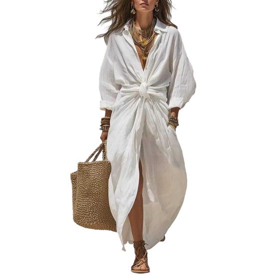 Maxi Shirt Dress for Women V Neck Long Sleeve Ruffled S белый
