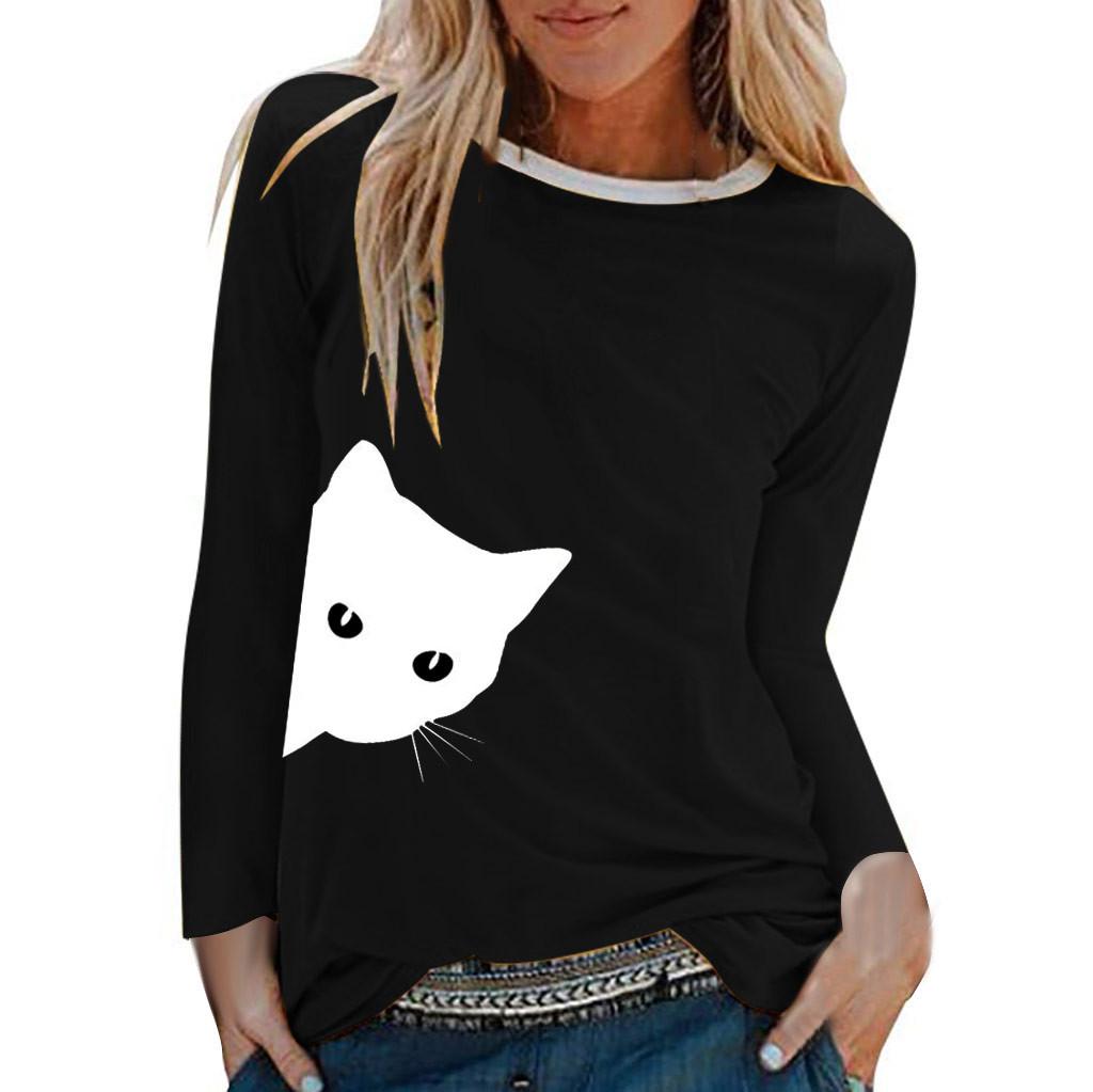Womens Casual Cat Print Shirts  Long Sleeve Top Loose T-Shirt Blouse