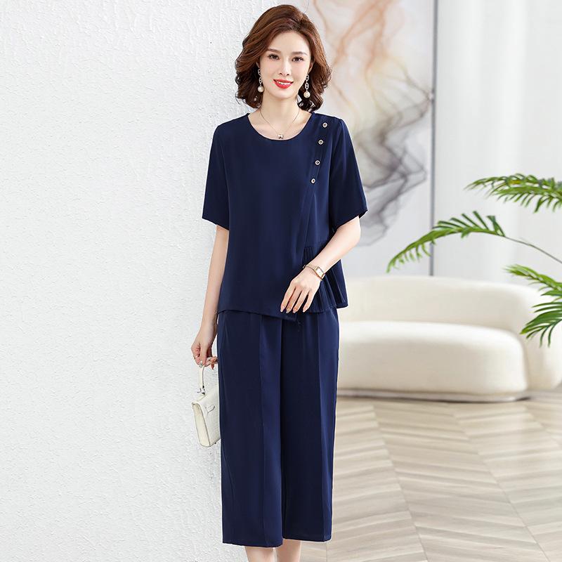 

Элегантный летний шифоновый комплект-двойка для женщин среднего и пожилого возраста - Свободный крой и стильный наряд с коротким рукавом 2XL темно-синий