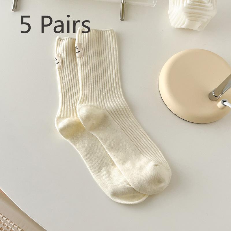 5 Pairs of Women's Spring and Summer New Cotton Heel Cloth Label In The Tube Pile Socks