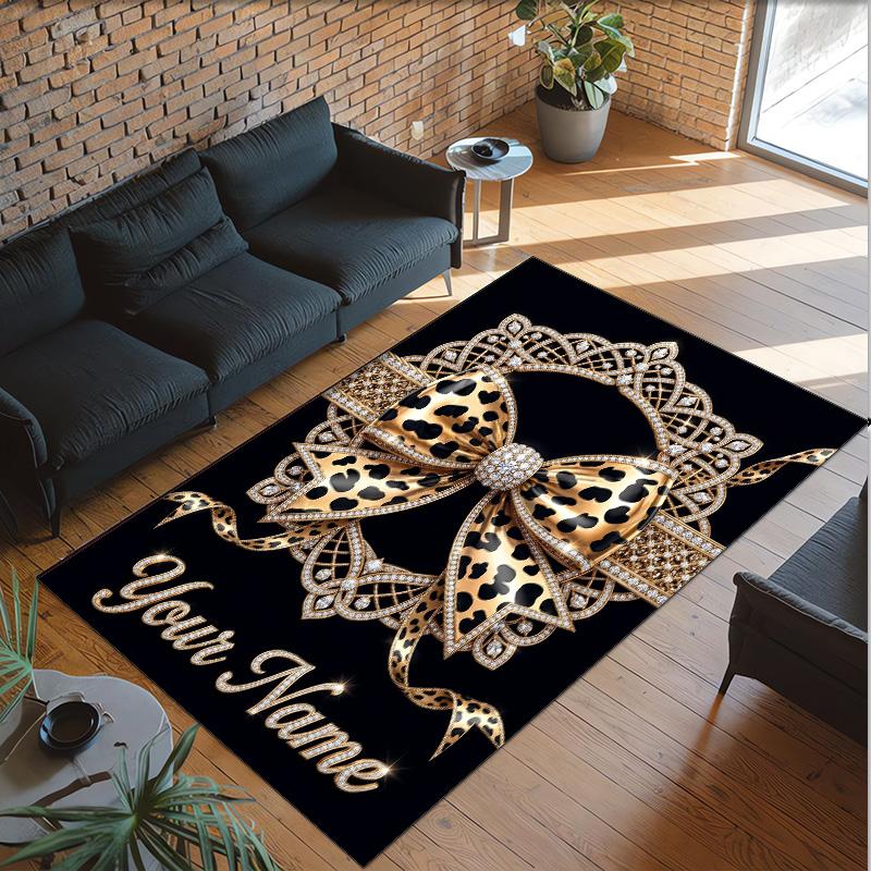 Leopard Theme Crystal Velvet Floor Rug Personalized Custom Name Text Warm Carpet Home Decoration
