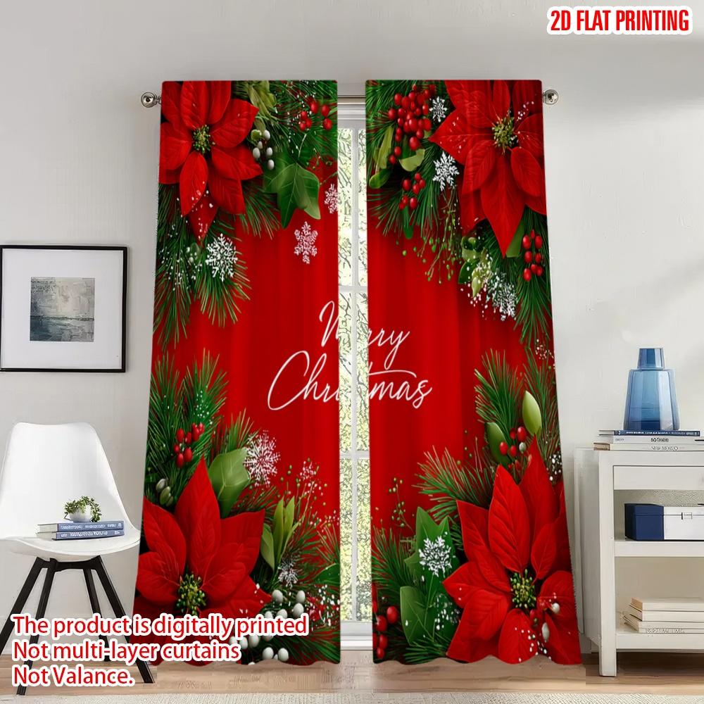 

Set Of 2 Flat Printing Merry Christmas Curtains Poinsettia Snowflakes Berry Digital Printed Polyester Drapes Party Curtain W100*H70(CM)-Rod Pocket&1PCS