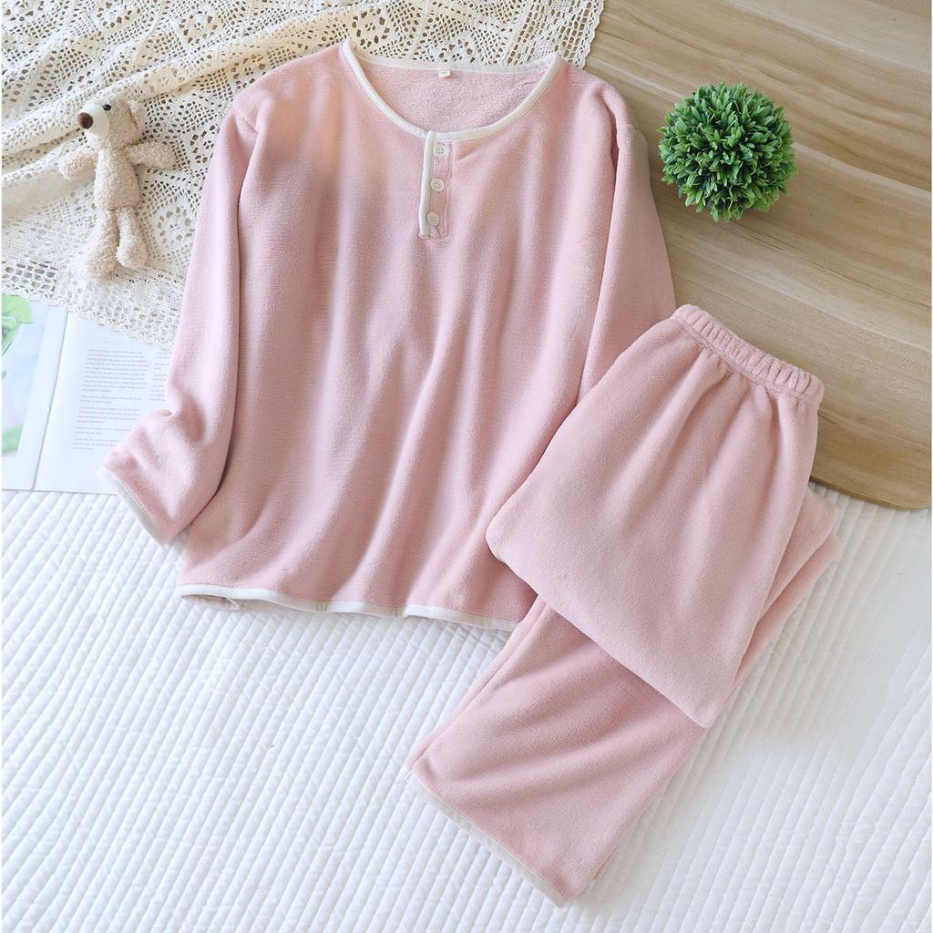 2026 New Autumn/Winter Women's Pajama Set 100% Flannel Round Neck Thickened Solid Color Home Clothes Long Sleeve Two Piece Set